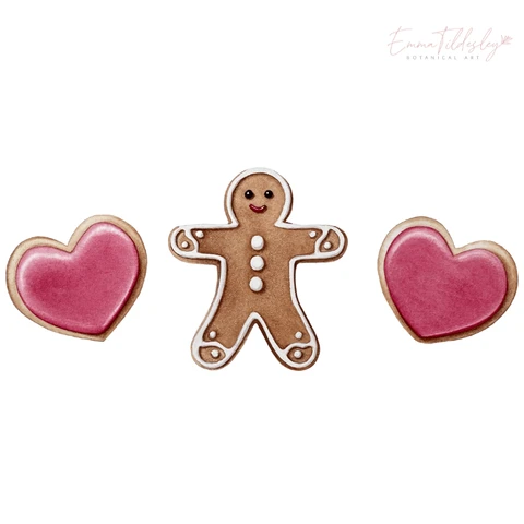 A gingerbread cookie is central, with a heart shaped biscuits either side. The cookies are decorated with pink and white icing.