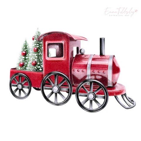A red Christmas train, with classical theming and snowy fir trees.