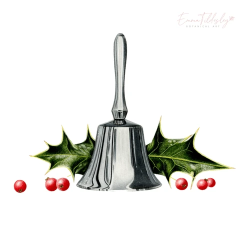 A silver Christmas bell, with holly and berries in the background.